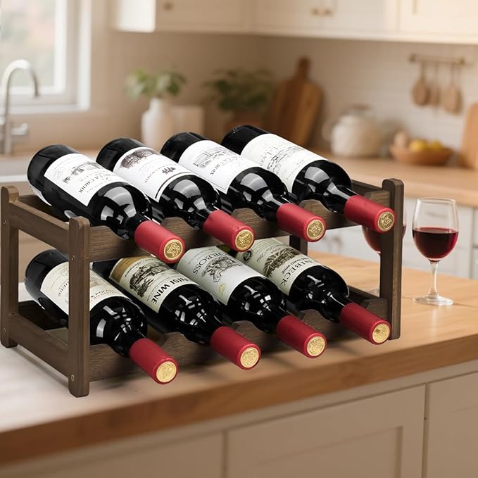 Wine Rack 8 Bottle 2-Tier Eco-Friendly Bamboo Wine Storage Easy-Assembly Space-Saving for Wine Lovers,Kitchen Wine Organizer for Countertop,Pantry, Home,Room Decor,Bar