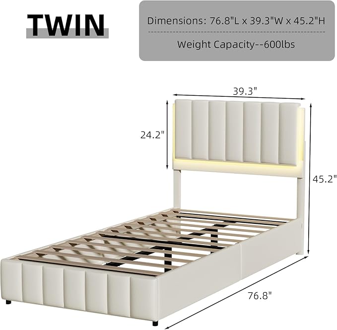 Twin Upholstered Bed Frame with LED Lights, Faux Leather Platform Bed with Headboard and Wooden Slats Support, No Box Spring Needed, Noise-Free, Easy Assembly, Cream