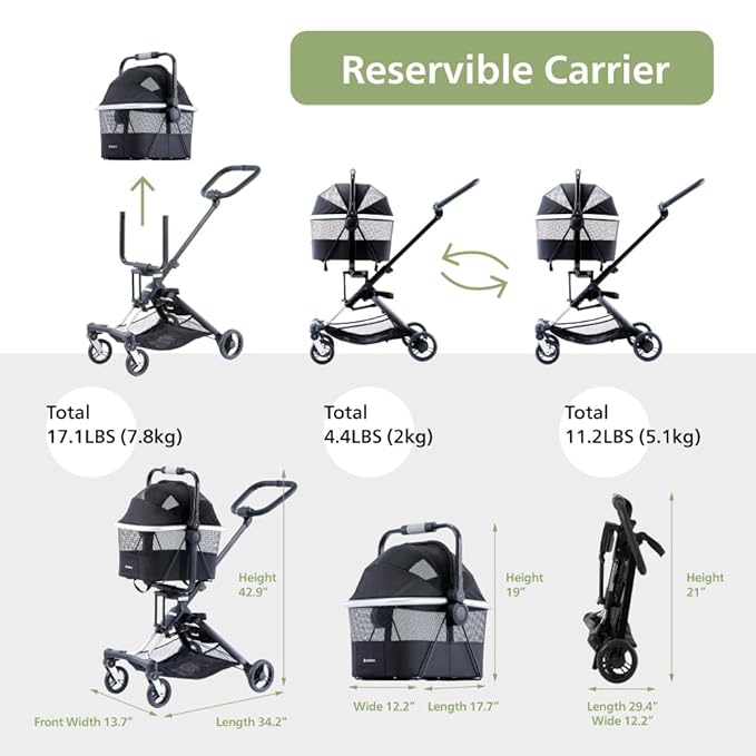 Unilove On The Go Lightweight Pet Stroller for Small Medium Dog or Cat with Detachable Carrier - Compact Pet Stroller and Carrier Combo for Travel - Foldable, Sturdy, Safe - Black