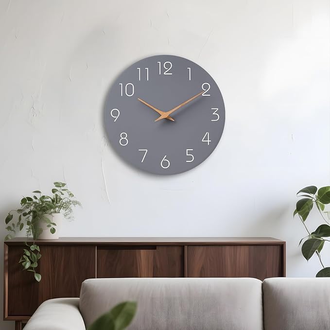 Mosewa Wall Clock 12 Inch Gray Silent Non Ticking Battery Operated Modern Simple Clock Decorative for Kitchen Home Bedroom Bathroom Office Living Room