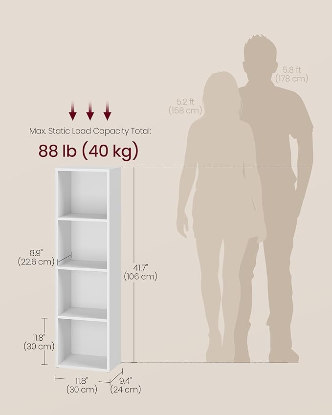VASAGLE Custos Collection - Bookshelf, 4-Tier Bookcase, Book Shelf, Open Storage Shelf, 9.4 x 11.8 x 41.7 Inches, for Living Room, Home Office, Dining Room, Cloud White ULBC434W01