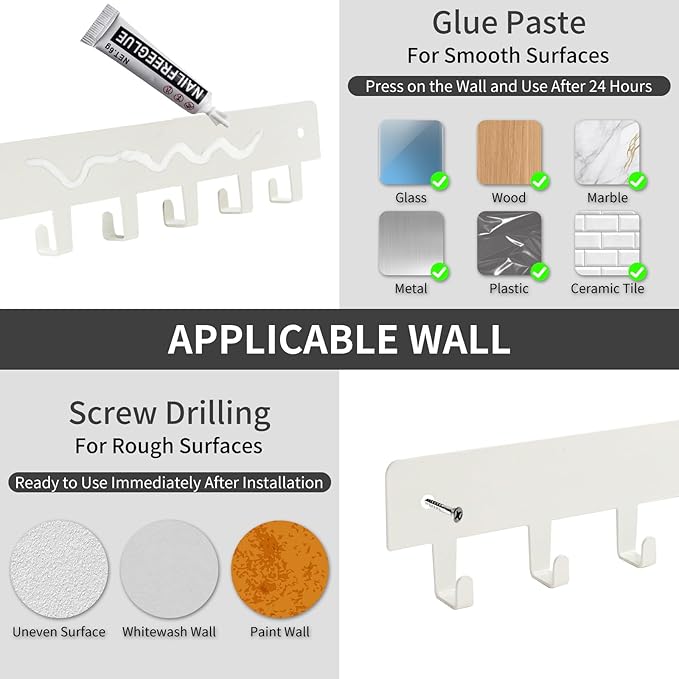 2 Pack Key Holder for Wall, Key Hooks with 8 Hooks Mount Keys on Wall, No Drilling Required, Holders Use for Living Room Kitchen Corridor Decor(White)