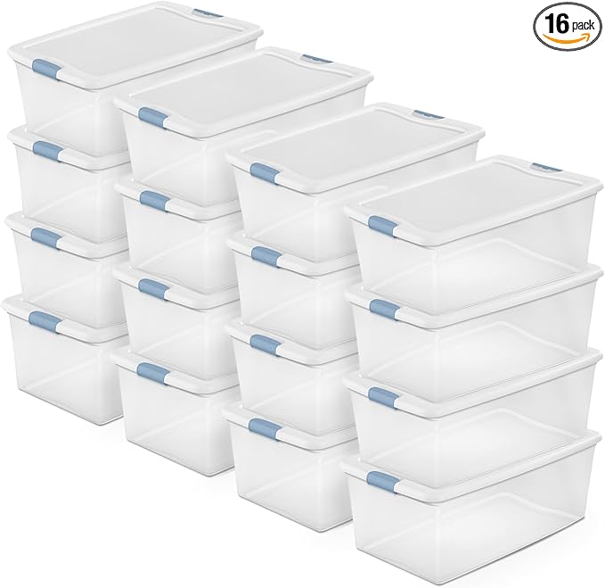 Sterilite 16-Pack Latching Box, Under Bed Storage Bins with Lids, Clear Plastic, 106 Quart - Heavy-Duty Organizing Containers for Closet, Bathroom, and Office