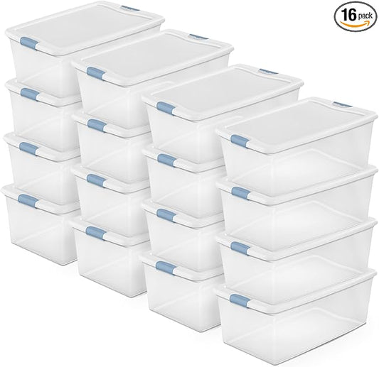 Sterilite 16-Pack Latching Box, Under Bed Storage Bins with Lids, Clear Plastic, 106 Quart - Heavy-Duty Organizing Containers for Closet, Bathroom, and Office