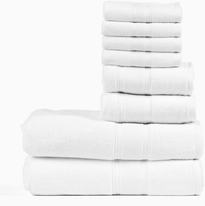 Luzia 8 Piece Bathroom Towel Set - 100% Turkish Cotton, Premium Quality - 2 Bath Towels 2 Hand Towels and 4 Washcloths (White)