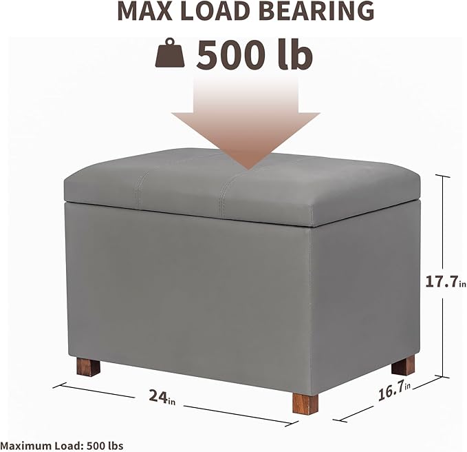 Joveco 24" Leather Storage Ottoman Bench, Rectangle Foot Rest Stool for Living Room, Bedroom, Entryway, Grey