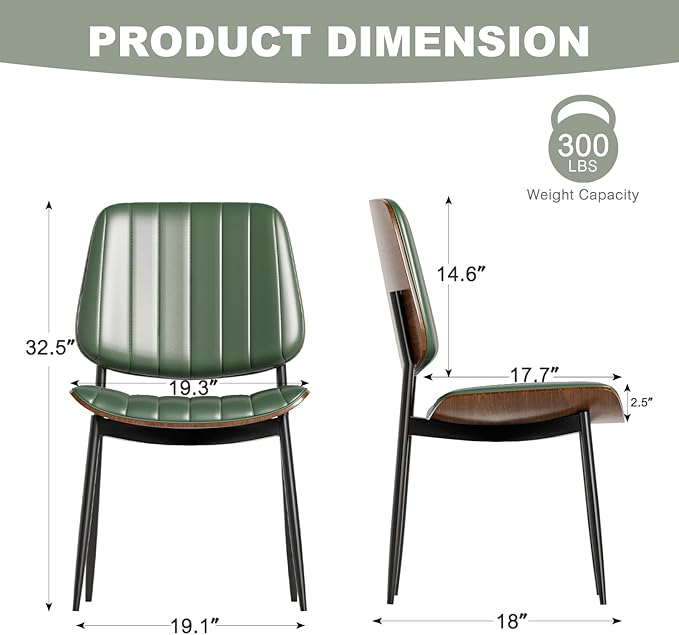 Modern Green Leather Dining Chair Set of 6, Bentwood Backrest & Black Metal Frame Ergonomic Comfort, Sustainable Style, Multi-Space Versatile, Green