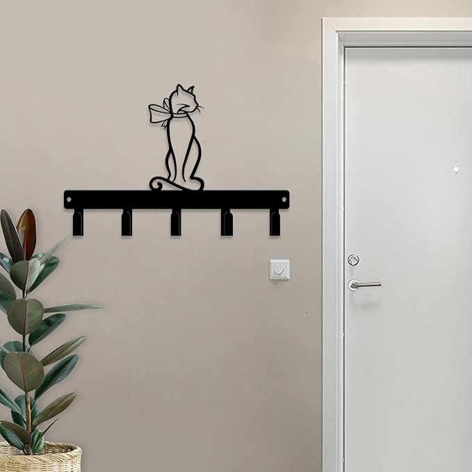 magilab Cat-Themed 10-Inch Iron Key Hooks with 5 Hooks, Black Wall Organizer - Cute Cat Design for Home Decor, No Drill & Screw-in Options (Style H)