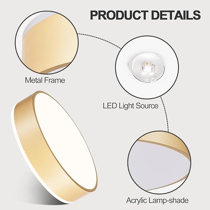 Vikaey Gold LED Ceiling Light Modern Flush Mount Light Fixture Not Dimmable Round Metal Ceiling Lamp with Acrylic Lampshade for Living Room Entryway Bedroom Kitchen 15.74 Inch