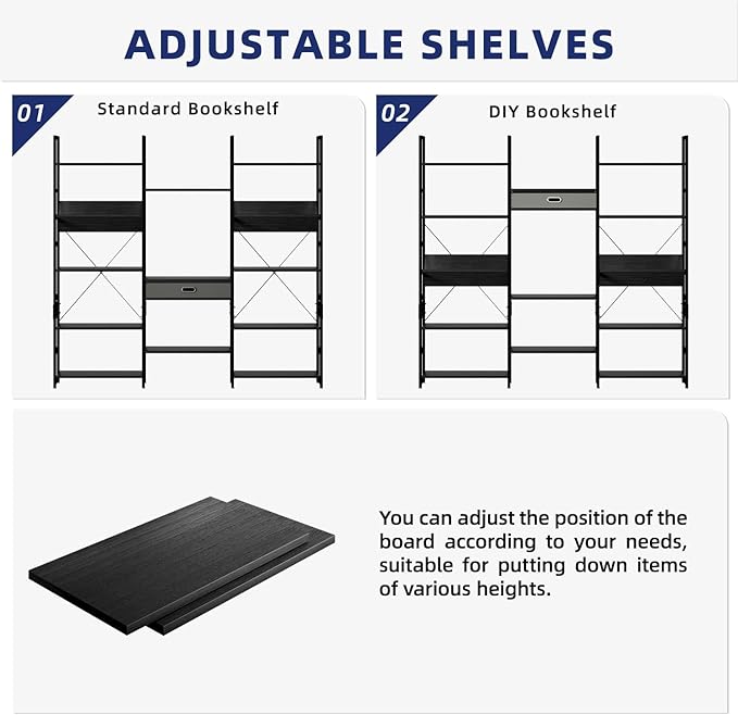 NUMENN Bookcases and Bookshelves Triple Wide 5 Tier Bookshelf, Large Etagere Bookshelf with Storage Drawer, Adjustable Open Display Shelves for Living Room, Bedroom, Home Office, Black