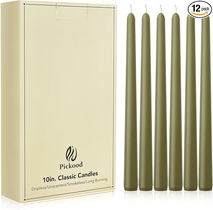 New Burning Formula Unscented Dripless 10-Inch Taper Candles Set of 12 - Olive Green, for Wedding, Dinner - Smokeless, Long Burning - Hand Poured, Colored Tall Candlesticks - Verde Oliva