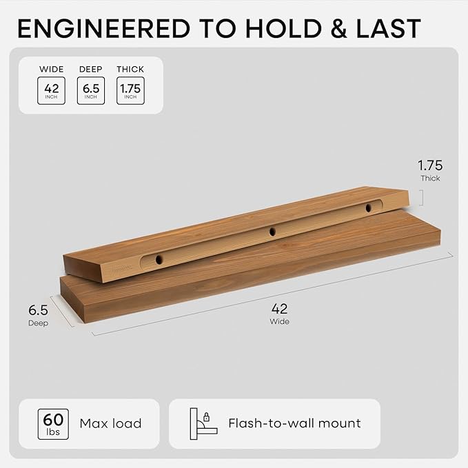 Homeforia 42 inch Golden Oak Floating Shelf, High End Solid Real Wood 42inch Small Floating Shelves for Wall Mounted, Oak Wooden 42in Floating Shelves, Heavy Duty Bracket, 42 X 6.5 X 1.75 in, Set of 3