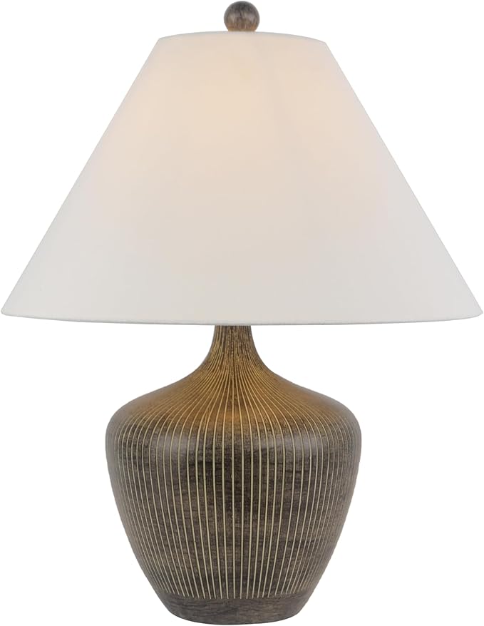 Abani Table Lamp Camille Tapered Vase 22” – Brown Ceramic Base with White Linen Shade – E26 Bulb Included – Transitional Desk Lamp for Bedroom, Living Room Lamp, Office or Nightstand