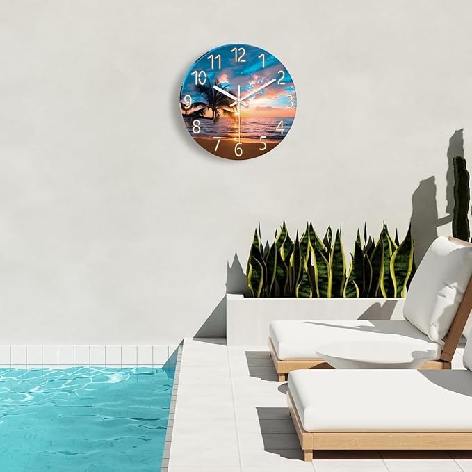 XFM Beach Wall Clock 14 Inch Palm Tree Analog Wall Clocks Battery Operated for Living Room Kitchen Decor Sunset Coastal Glass Silent Wall Clock