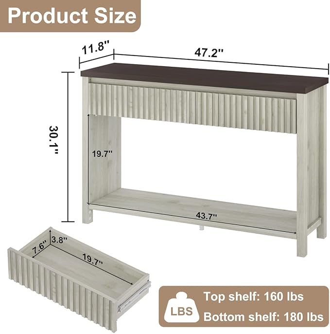 BON AUGURE Entryway Table with Storage, 47In Console Table with 2 Drawers, Two-Tier Sofa Console Tables for Living Room, Modern Hallway Tables, Walnut and Washed Grey Oak