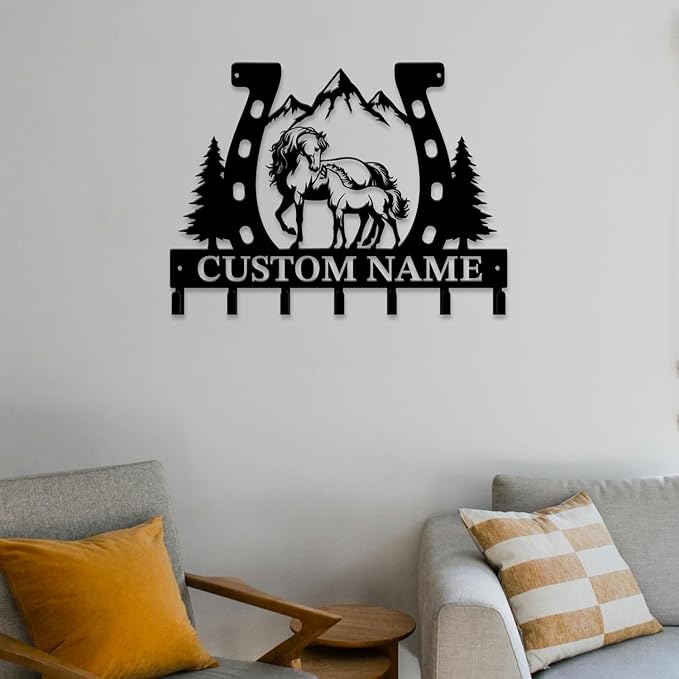 Personalized Custom Name Farm Horse Wall Key Hooks,Metal Horse Art Clothes Hooks,Metal Horse Wall Home Storage Decorative,For Front Door, Hallway, Kitchen, Bedroom,Keys,Hats (Style D)