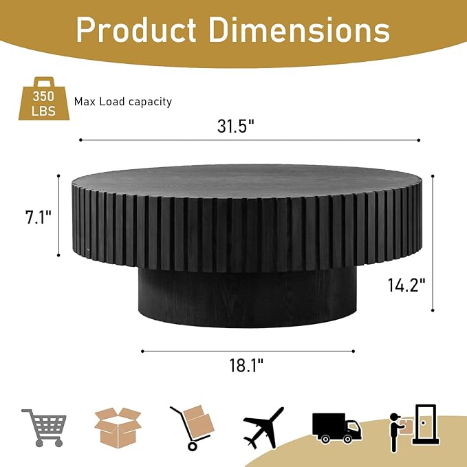 Round Drum Coffee Table 31.5" Wooden Coffee Tables Handcrafted Fluted Drum Coffee Table Modern Luxury Circle Center Table Vintage Farmhouse Center Table for Living Room (Round Black)