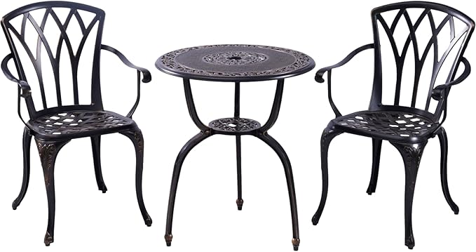 C/G Bistro Set 3 Piece Outdoor Cast Aluminum Patio Bistro Set with Umbrella Hole and Armrests,Outdoor Bistro Table Set,Patio Furniture Set Front Porch Set for Yard Garden Villa (Copper)