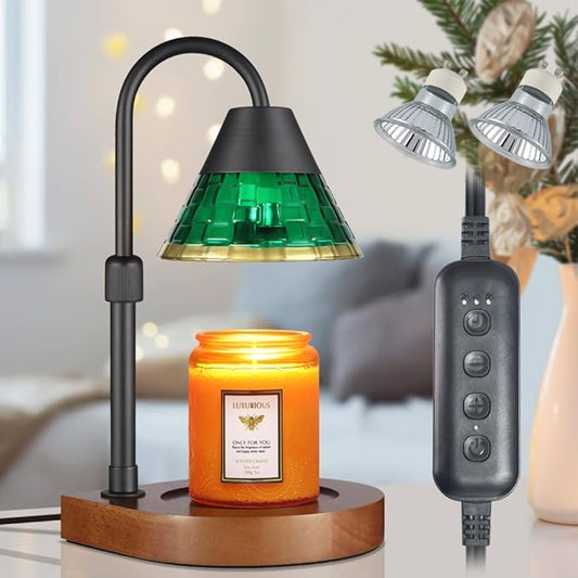 Dimmable Candle Warmer Lamp with Timer, Electric Wax Melt Warmer for Scented Jar Candles Adjustable Height Mothers Day Birthday Gifts for Women Mom Grandma, Home Offices Decor Light(Greens Glass)