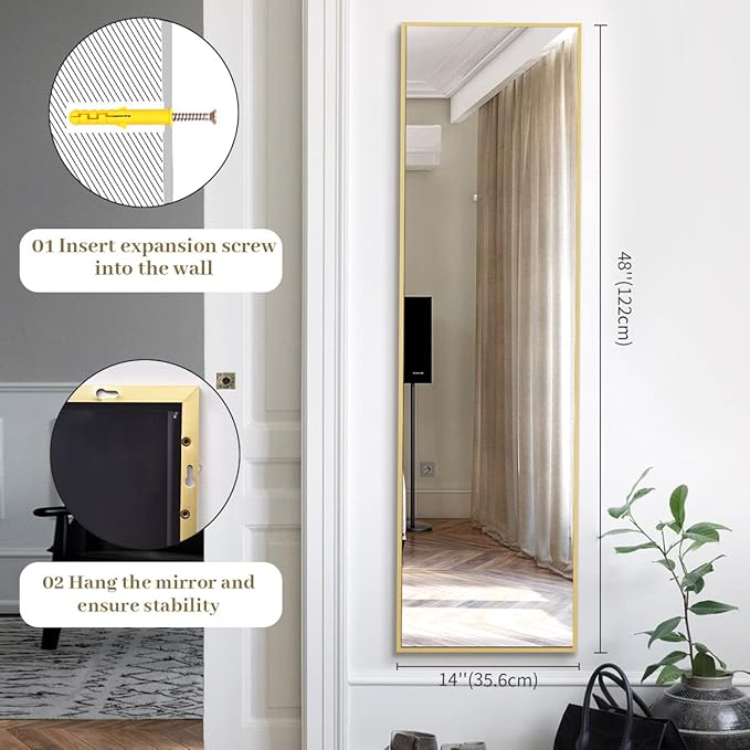 BEAUTYPEAK 14" x 48" Adjustable Height Over The Door Mirror, Rectangular Full Length Hanging Door Mirror with Shatterproof Tempered Glass Aluminum Alloy Frame for Dormitory, Gold