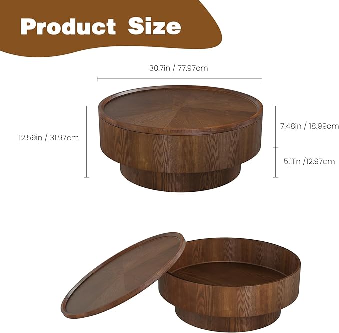 30.7 inch Storage Coffee Table Round Coffee Table with Storage Modern Luxury Circle Drum Coffee Tables for Living Room Apartment Easy Assembly