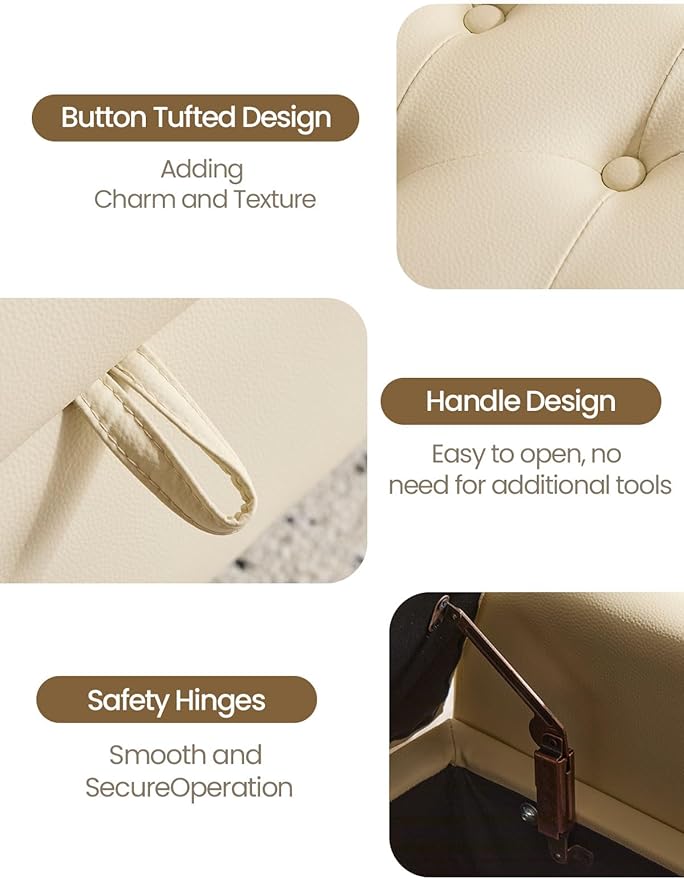 47" Storage Ottoman Bench, End of Bed Bench for Bedroom, Leather Upholstered Ottoman with Storage for Living Room, Entryway, Window (Beige)