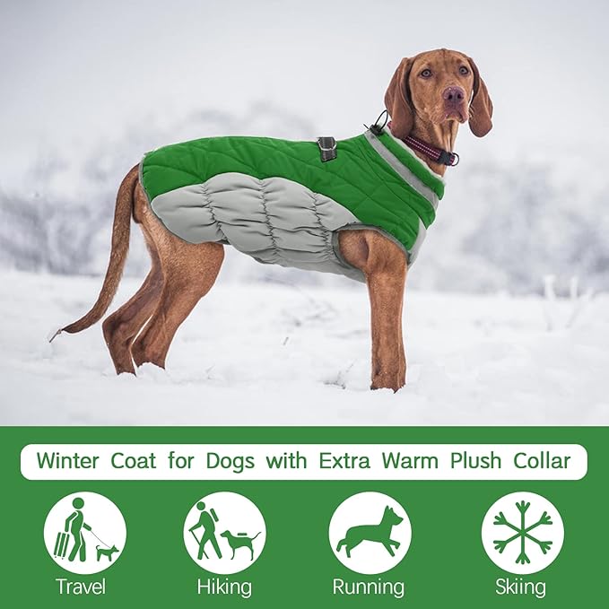 FUAMEY Dog Coat for Large Dogs,Waterproof Dog Winter Jacket with Harness Built in Puppy Cold Weather Coats Reflective Pet Vest with Zipper Warm Fleece Dogs Snowsuit Windproof Green XXL