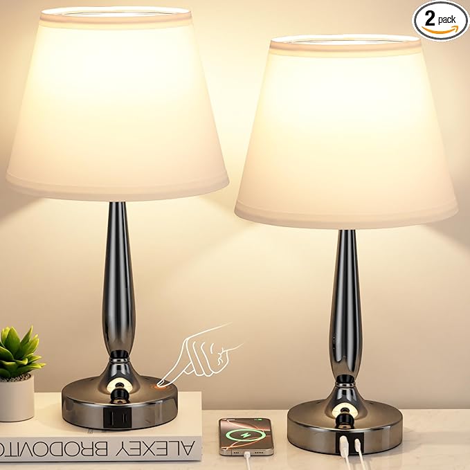 Kakanuo Touch Bedside Lamps for Bedroom Set, Small Touch Table Lamps with 2 USB Charging Ports, 3 Way Dimmable Nightstand Lamps with USB C Port - White (LED Bulb Included)