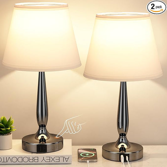 Kakanuo Touch Bedside Lamps for Bedroom Set, Small Touch Table Lamps with 2 USB Charging Ports, 3 Way Dimmable Nightstand Lamps with USB C Port - White (LED Bulb Included)