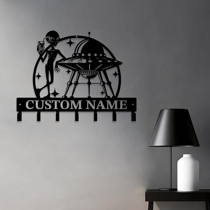 Personalized Custom Alien ET UFO Metal Wall Keys Hooks,Clothes Hooks Alien ET Art coat racks,door holder,Black Alien ET decorations for home,Entrance doors,Hallway, Bedroom,Keys,Hats (Style J)