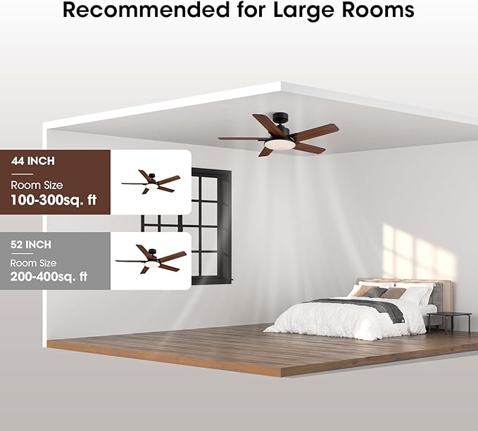 44 Inch Ceiling Fans with Lights and Remote Control, Modern Ceiling Fan with Dimmable LED, 6 Speeds, Timer, Quiet Reversible DC Motor, Black Ceiling Fan for Bedroom, Living Room and Kitchen