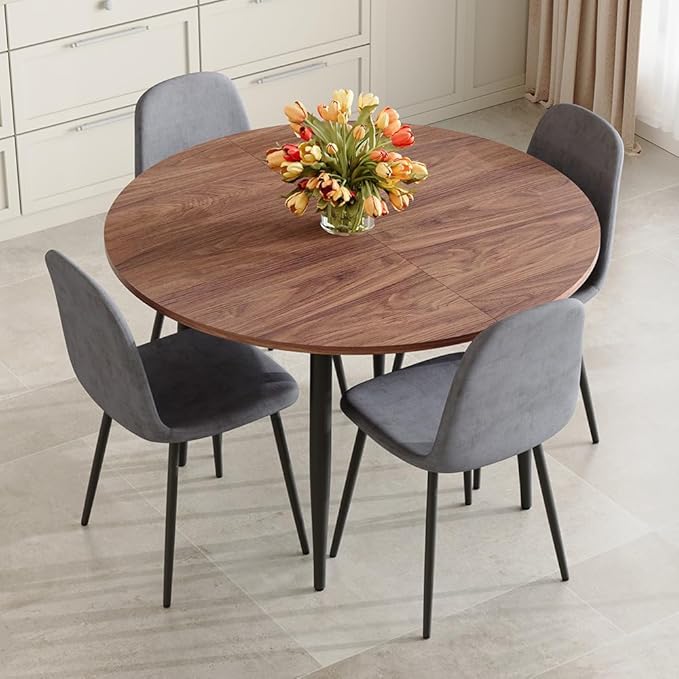 42" Round Dining Table for 4, 54" Oval Dining Table for 6, Extendable Kitchen & Dining Room Table with Metal Legs, Modern Rustic Space-Saving Adjustable Shape Dinner Table, Easy Assembly,Walnut