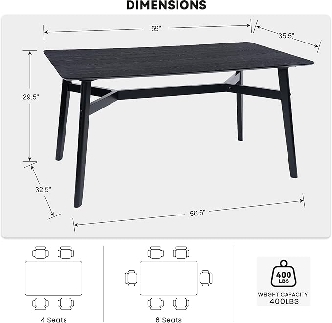 VESCASA 59" L Wood Rectangle Dining Table for 4, Rectangle Kitchen Table for 6 with 4 Solid Wood Legs for Dining Room, Kitchen, Restaurant, Black