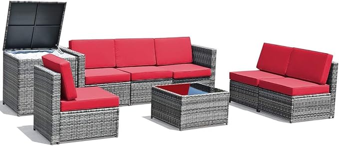 HAPPYGRILL 8 Piece Patio Furniture Set Outdoor PE Rattan Conversation Set with Storage Box, Sectional Wicker Sofa Set with Coffee Table and Cushions for Garden Backyard