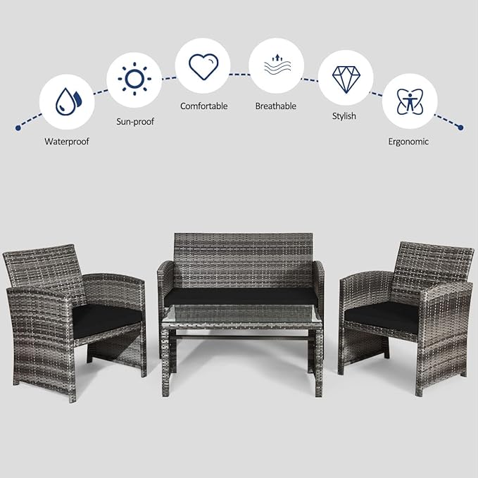 Tangkula 4 PCS Wicker Patio Conversation Set, Outdoor Rattan Sofas with Table Set, Patio Furniture Set with Soft Cushions & Tempered Glass Coffee Table for Poolside Balcony