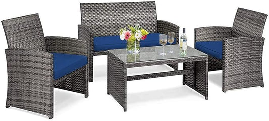 Tangkula 4 PCS Wicker Patio Conversation Set, Outdoor Rattan Sofas with Table Set, Patio Furniture Set with Soft Cushions & Tempered Glass Coffee Table for Poolside Balcony