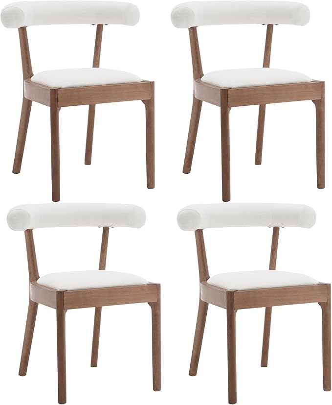 Kmax Dining Room Chairs Mid-Century Modern Fabric Kitchen Chairs with Natural Walnut Finished Frame, Linen Curved Back, Set of 4, White