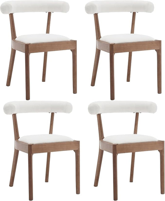 Kmax Dining Room Chairs Mid-Century Modern Fabric Kitchen Chairs with Natural Walnut Finished Frame, Linen Curved Back, Set of 4, White