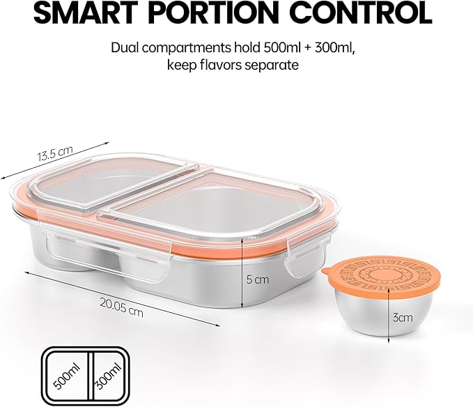 Snackle Box Container,Dishwasher,Reusable Snack Containers With Lids,2 Compartment Stainless Steel Snack Containers,Fruits, Snacks,Nuts,Salad,travel,800ML,White&Orange,1 Pack