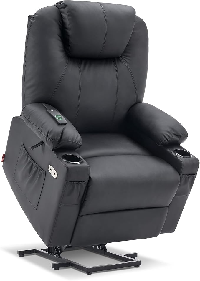 MCombo Large Power Lift Recliner Chair with Massage and Heat for Tall Elderly People, 3 Positions, Cup Holders, and USB Ports, Faux Leather 7516 (Large, Black)