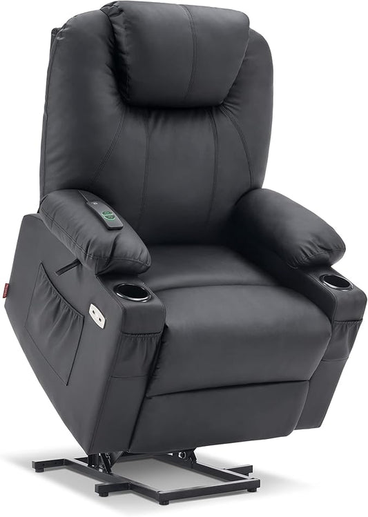 MCombo Large Power Lift Recliner Chair with Massage and Heat for Tall Elderly People, 3 Positions, Cup Holders, and USB Ports, Faux Leather 7516 (Large, Black)