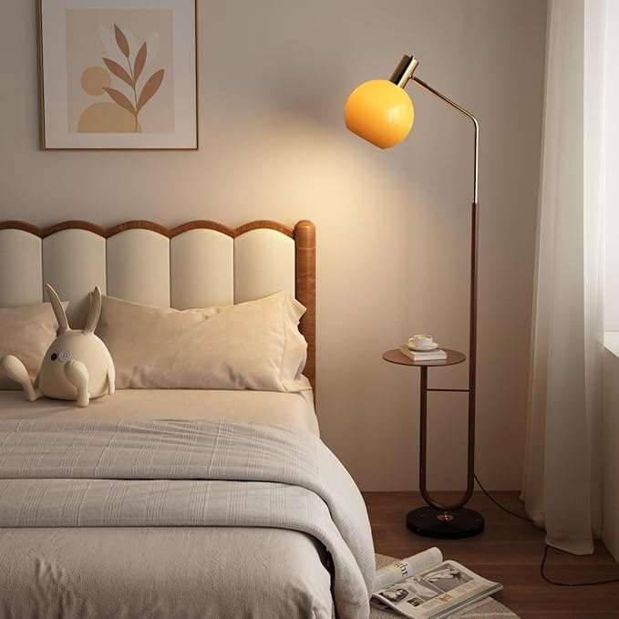 MIXL-Rustic Floor Lamp with Table,Glass Shade Floor Light with Foot Switch,Art Deco Bedside Reading Lamp,Mid Century Modern Standing Lamp for Study Room Office and Corner