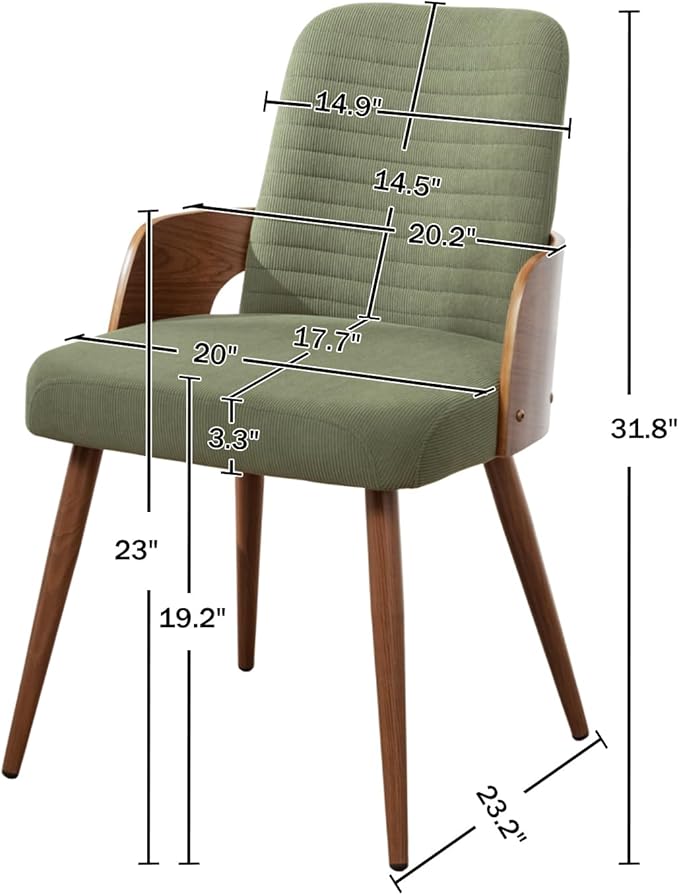 Dining Room Chairs Set of 2,Mid Century Modern Kitchen Chairs,Green Corduroy Fabric Upholstered Accent Chairs,Metal Legs Wooden Desk Chairs,Armless and No Wheels for Kitchen Dining Room
