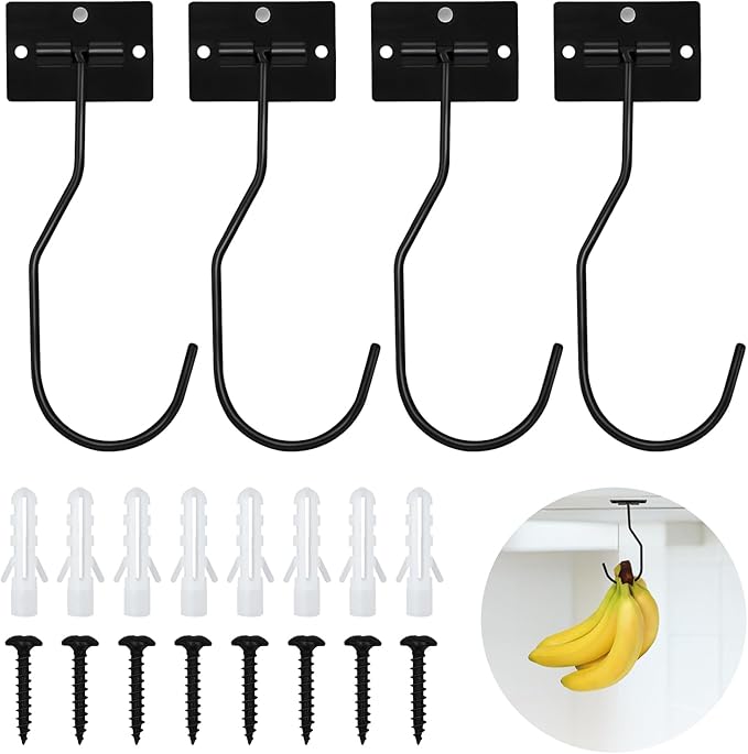 Banana Hanger Hook – Space Saving Banana Holder Hanger to Keep Bananas Fresh, Self Adhesive and Screw Banana Hook 4Pack Black