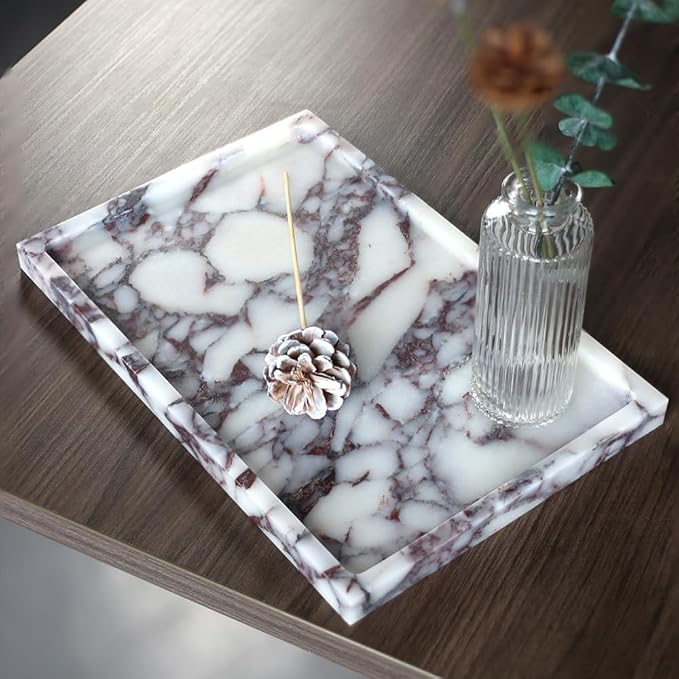 Real Luxurious Natural Marble Vanity Tray Genuine Marble Storage Tray for Home Decor Stone Tray for Bathroom/Kitchen/Vanity/Dresser,Plate Holder for Tissues, Candles, Towel
