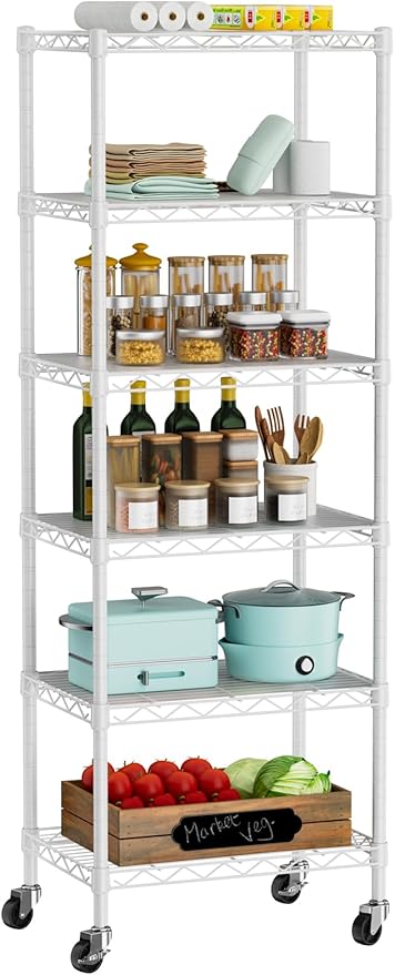 Small 6 Tier Shelf Storage Wire Shelving Unit Metal Shelves Adjustable Organizers Storage Shelving with Wheels for Bathroom Laundry Room Kitchen Pantry12”D x 18”W x 61.6”H White