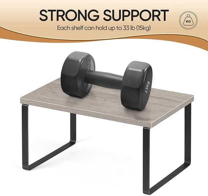 NEX Kitchen Cabinet and Counter Shelf Organizer, Shelf Riser for Pantry Countertop Cupboard Desk Top, Stackable & Expandable, Set of 4, Black and Greige