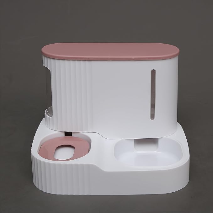 Automatic Cat Feeder,Gravity Auto Timed Pet Dry Food Self Feeding Container Dishes Bowl and Water Dispenser Fountain for Dog Puppy Kitten Kit Set Integrated 2 in 1 Continuous Tray(Pink)