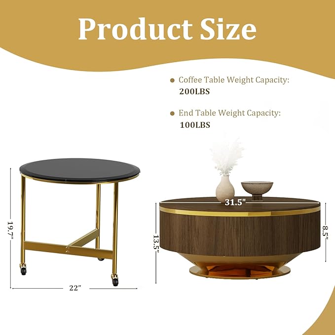 31.5 Inch Coffee Table with 2 Storage Drawers, Vintage Walnut Nesting Coffee Table Set of 2, Mid-Century Round Tea Center Table with Gold Chrome Base for Living Room Apartment