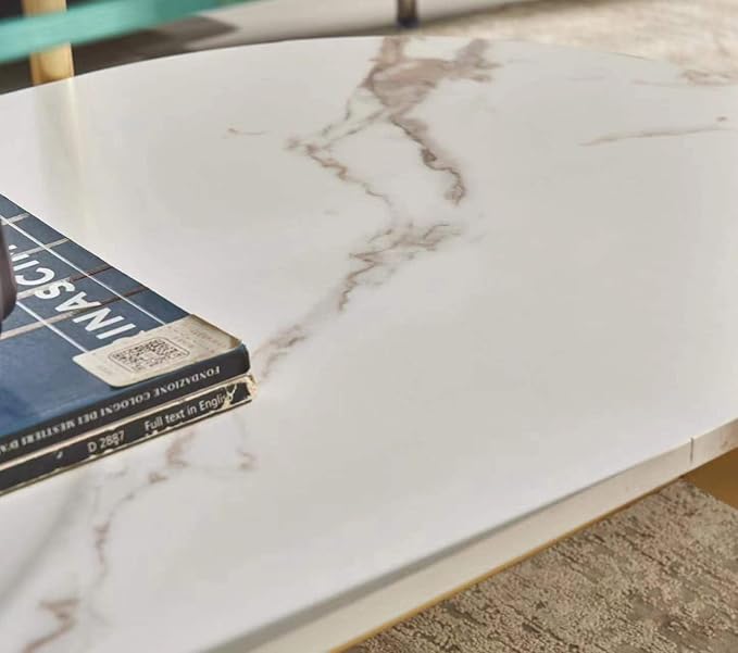 Shrine Oval Coffee Table, Mid-Century Modern Design, 2-Tier Structure, Clear Glass Top and White MDF Shelf, 47" D x 21" W x 17" H, Sleek Conical Metal Legs with Gold Finish